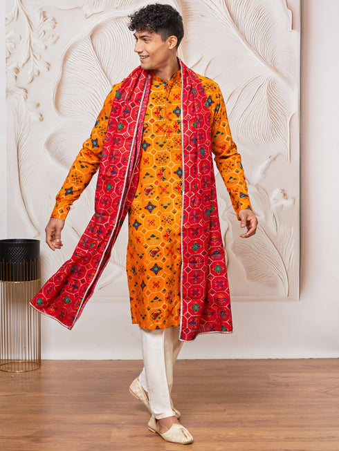 Men's Mustard Rayon Kurta,Pant And Dupatta Set